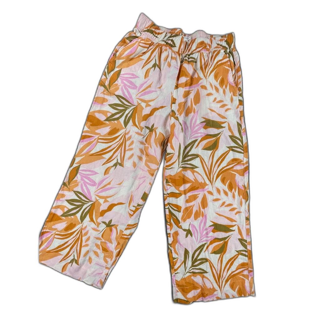 C&C California Tropical Floral Wide Leg Linen Palazzo Pants Pink Green Medium - Picture 10 of 12